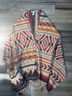 Bearpaw Aztec Fringe Poncho Sweater w/buttons - Cream, Rust, Mustard, Charcoal